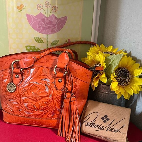 NWOT Patricia Nash “Broncos” Leather Zorita Tool Vibrant Orange Embossed Satchel - Picture 15 of 15